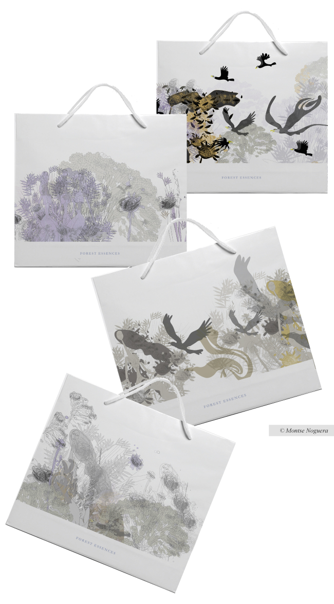 Diseños para bolsas de perfumeria, diseño y ilustración de Montse Noguera